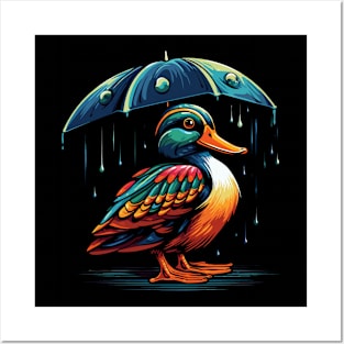 Mandarin Duck Rainy Day With Umbrella Posters and Art